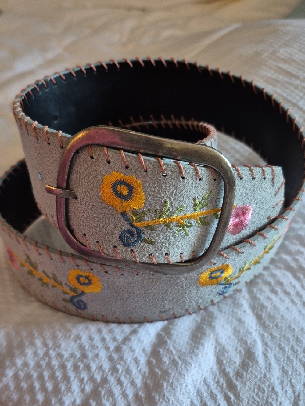 Embroidered Floral Suede Belt - Light Blue